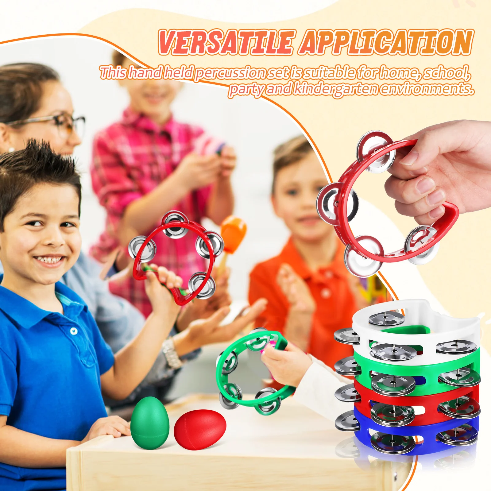 Set di strumenti musicali per bambini da 8 pezzi, tamburelli e shaker colorati, kit di percussioni in plastica per l'apprendimento del ritmo dei bambini