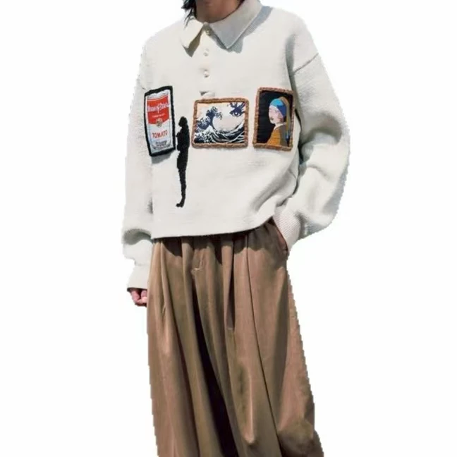 

Модный американский вязаный свитер высокого качества с вышивкой в стиле пэчворк, свободная рубашка-поло, пуловер для мужчин и женщин, винтажная уличная одежда