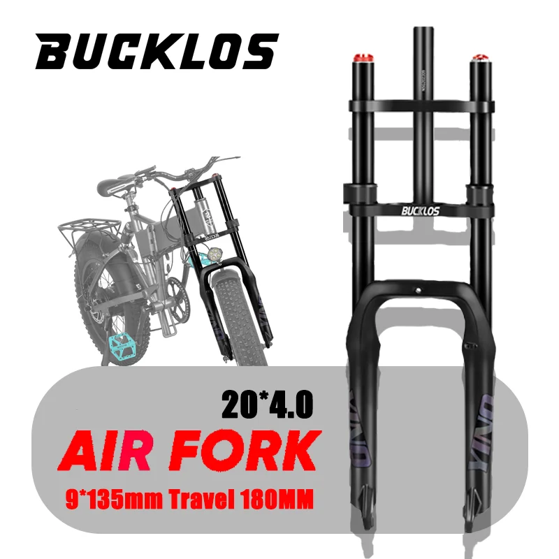 Forcella ad aria per fat bike BUCKLOS 20*4.0mm, spalla singola/doppia, 20 pollici, in lega di alluminio, freno a disco 9*135mm, forcella anteriore da neve, escursione 140mm 180mm, forcella anteriore