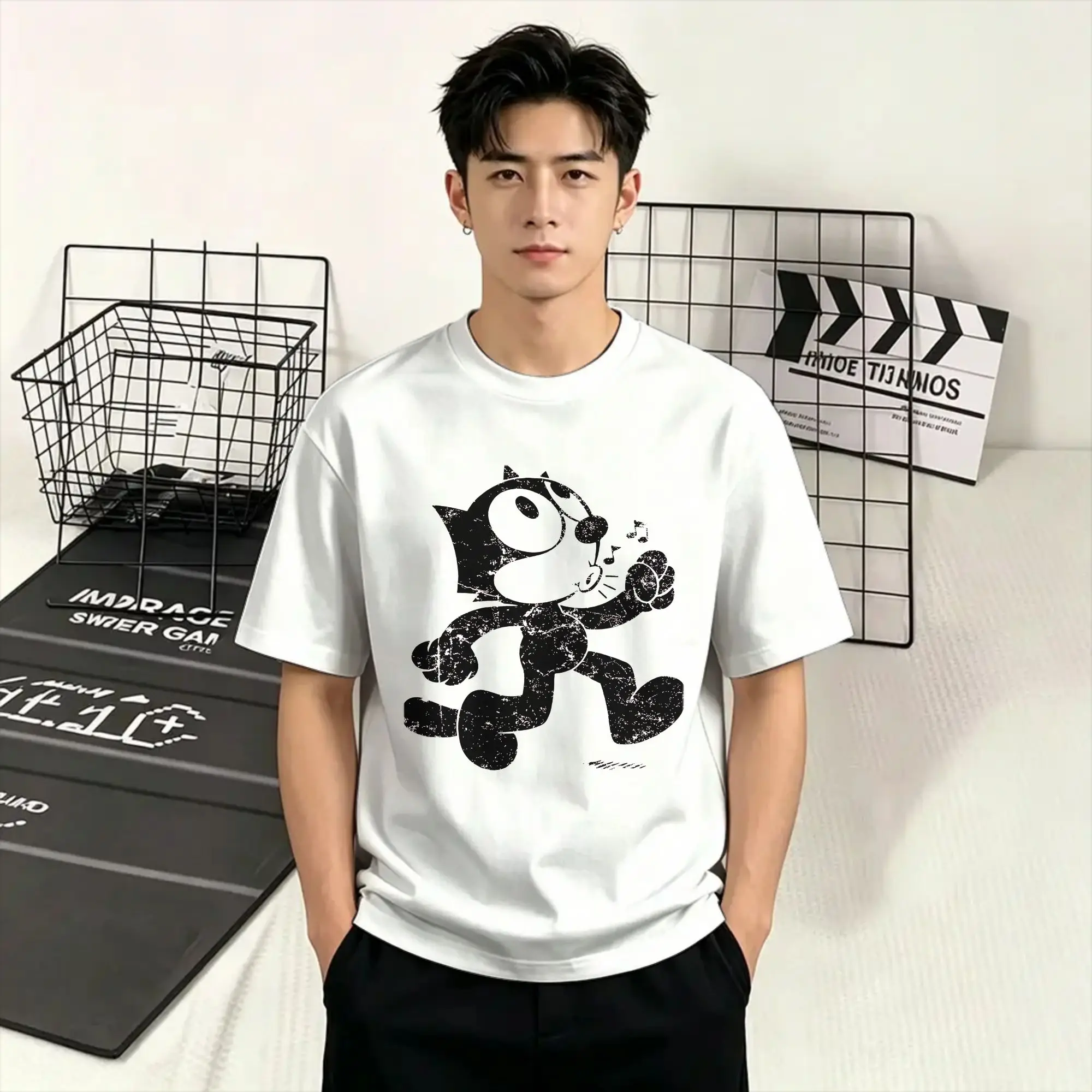 Vintage F-Felixs Black Cat T-Shirt for Men Round Collar 100% Cotton T Shirt  Short Sleeve Tee Shirt Printed Tops