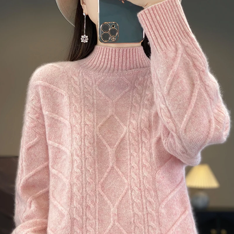 

24 Autumn/Winter New Thickened 100% Pure Cashmere Sweater Women's Half Turtleneck Lozenge Sweater Knitted Loose Lazy Sweater