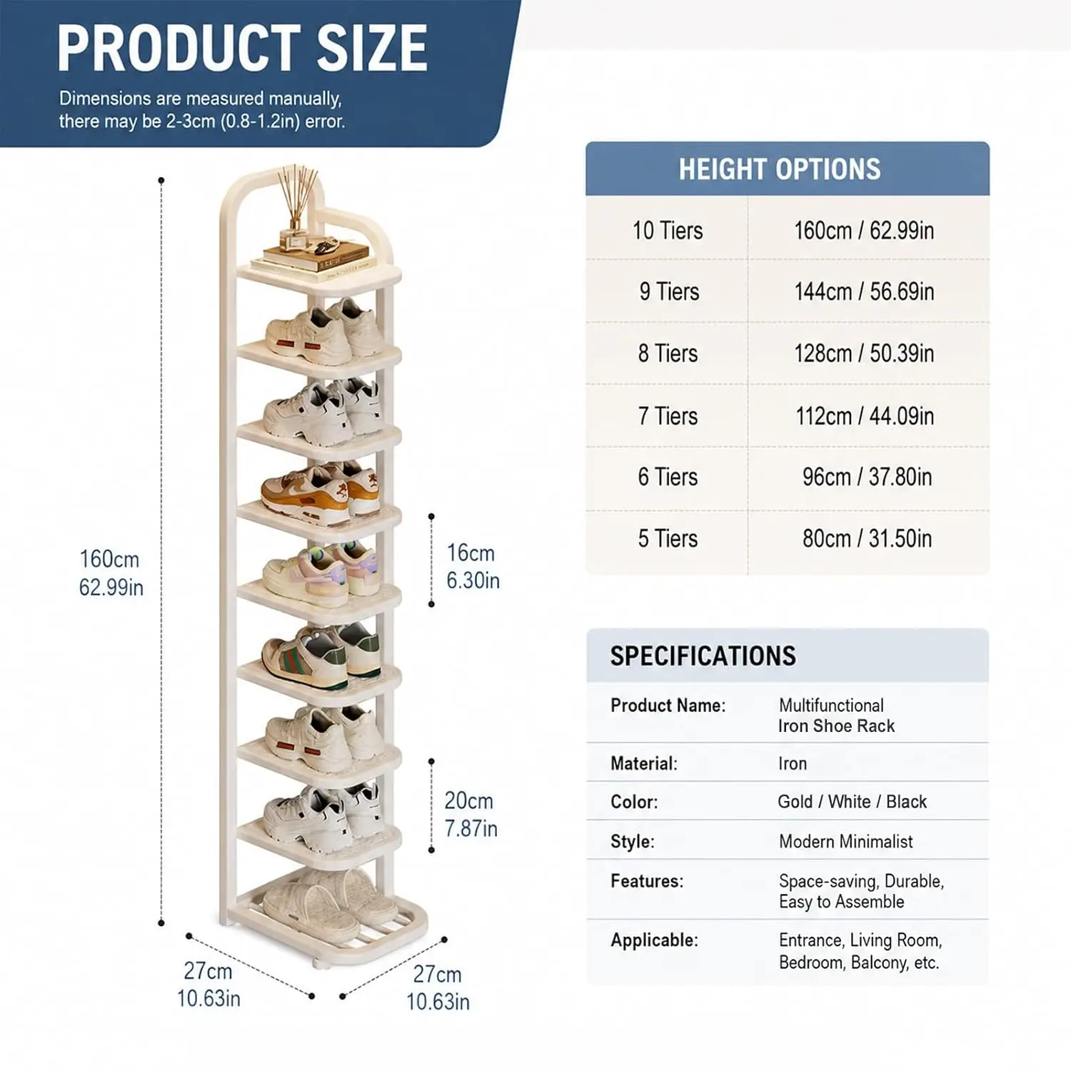 Vertical Narrow Shoe Rack 5-10 Tier Metal Slim Organizer Tower Space Saving Stand for Entryway Hallway Corner Closet, Customized
