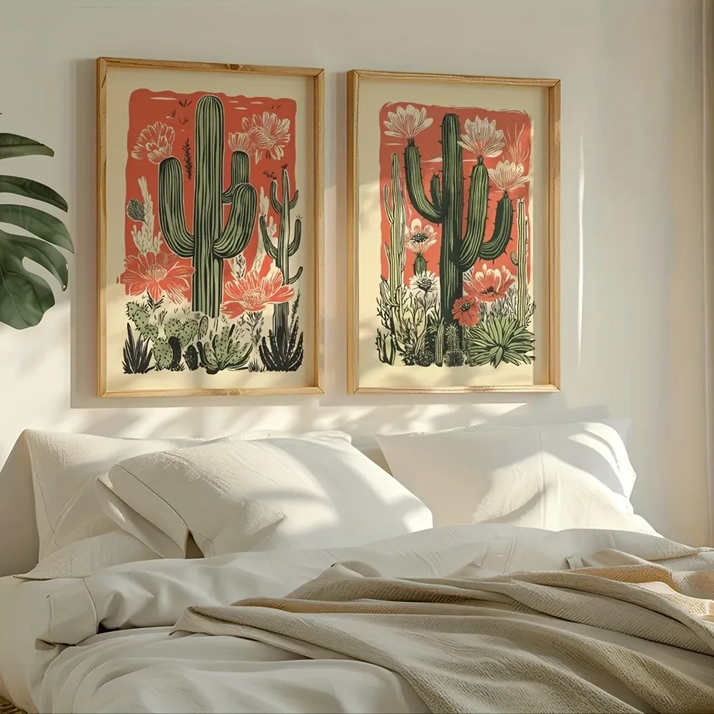 2PCS Large-sized frameless canvas paintings,Frameless Retro Bohemian Cactus Flower Posters Retro Southwest  Desert Plant Flower