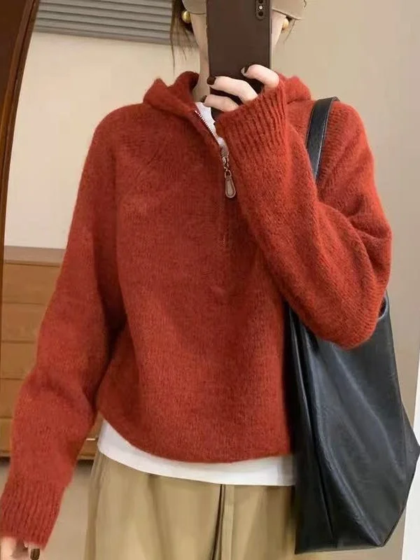 

Корейская мягкая уютная толстовка на молнии Long Sve f с открытым воротником, женский вязаный свитер, верхняя одежда, осенняя ленивая мода