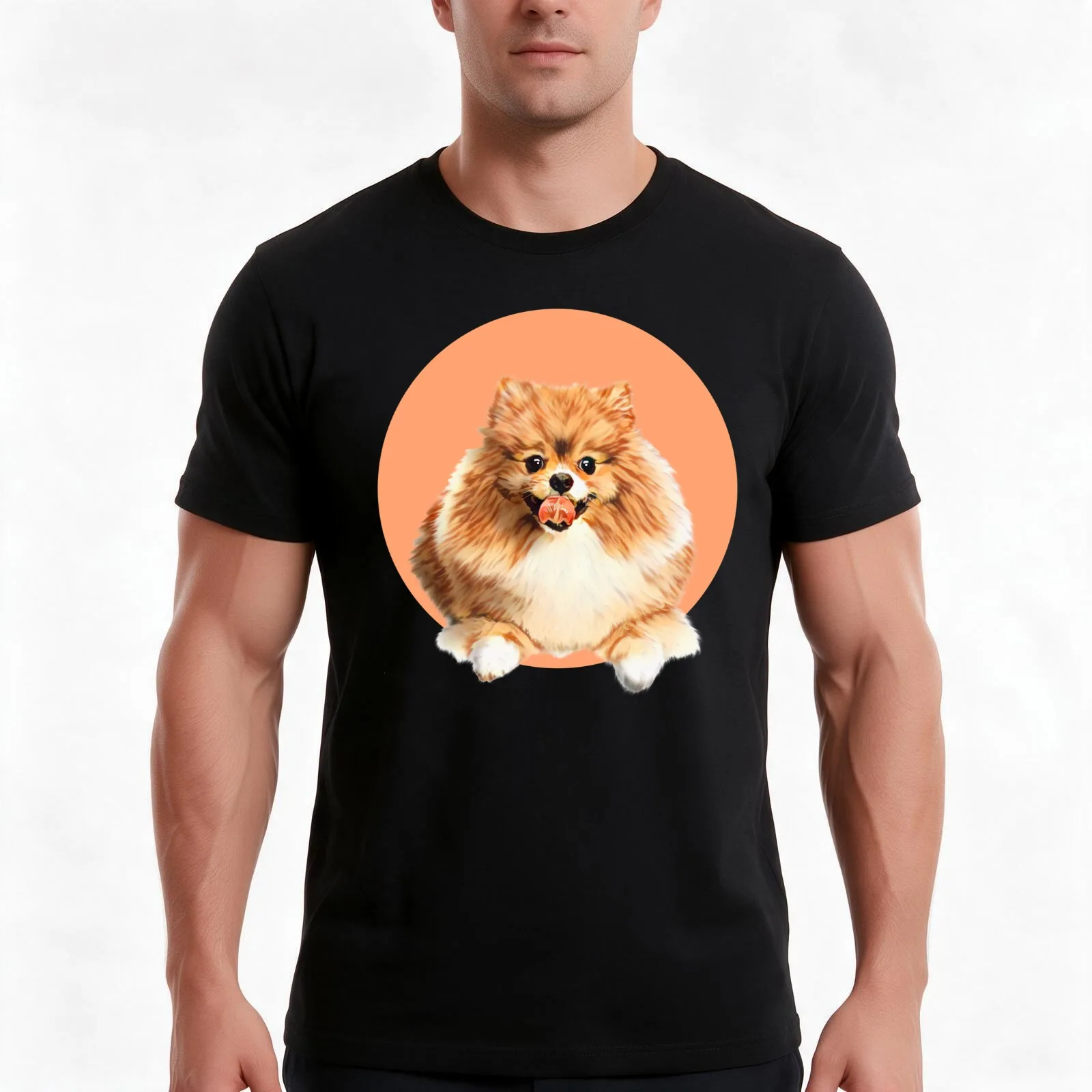 Cute Pomeranian dog on peach background graphic art T-Shirt, Summer Casual Cotton Tee, Oversized Streetwear Tops, 100% Cotton