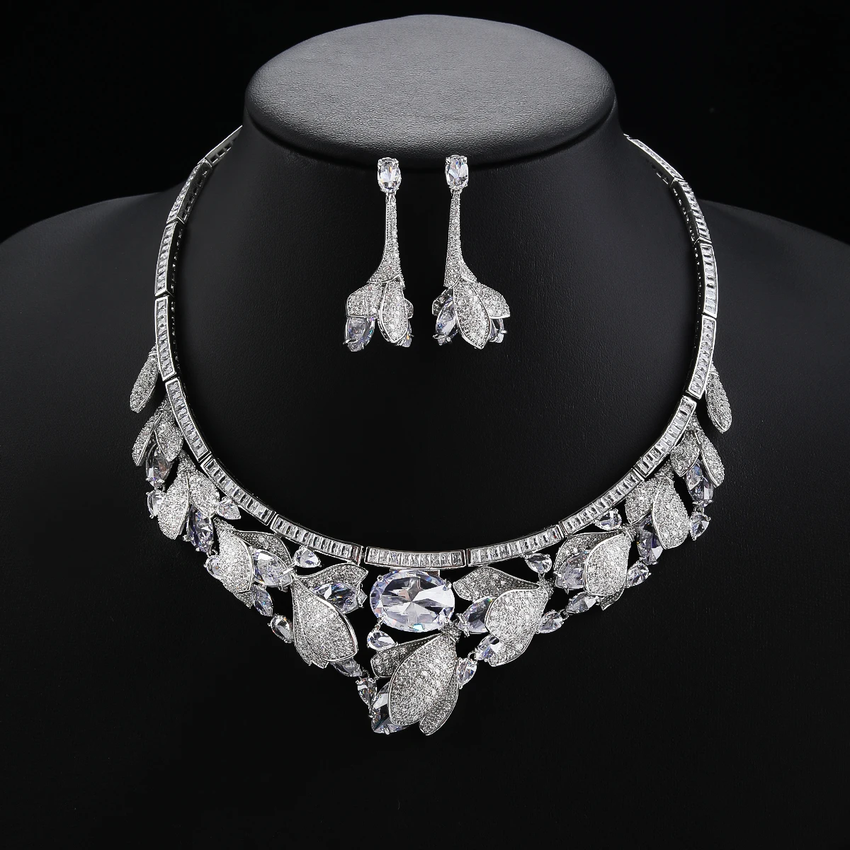 Trendy Statement Tulips Florals Necklace  Earring Sets Women Wedding Full Cubic Zircon Dubai Bridal Jewelry Set CN11117