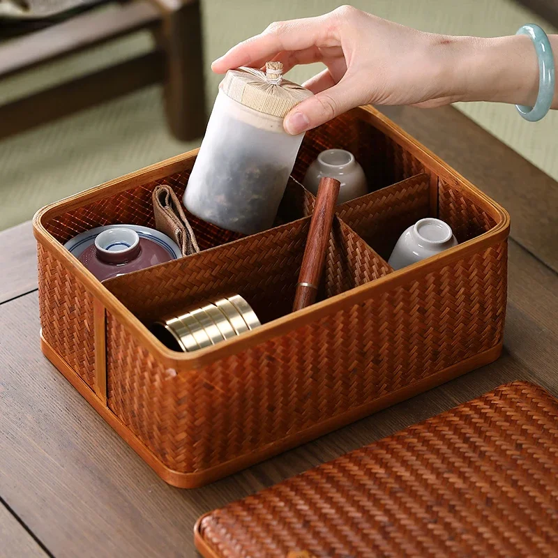 

Tea set storage box dust-proof teacup storage cabinet home office Kung Fu tea set shelf antique bamboo woven box