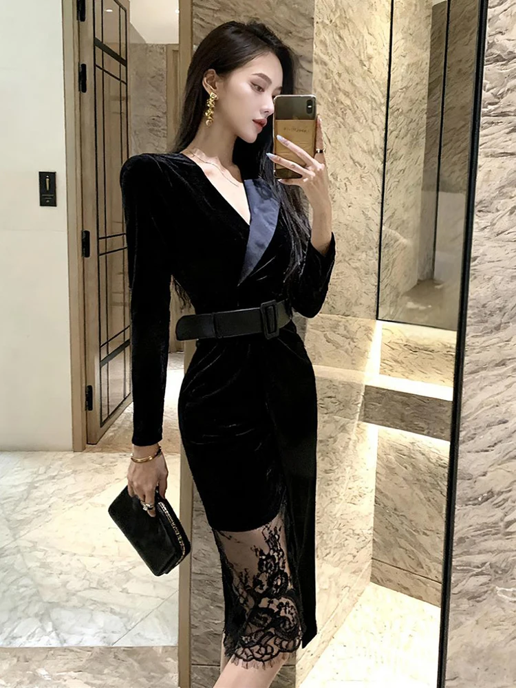 Novo outono inverno feminino cinto de veludo preto renda decoração vestido blazer colarinho bodycon fino robe senhoras elegante escritório namoro vestidos