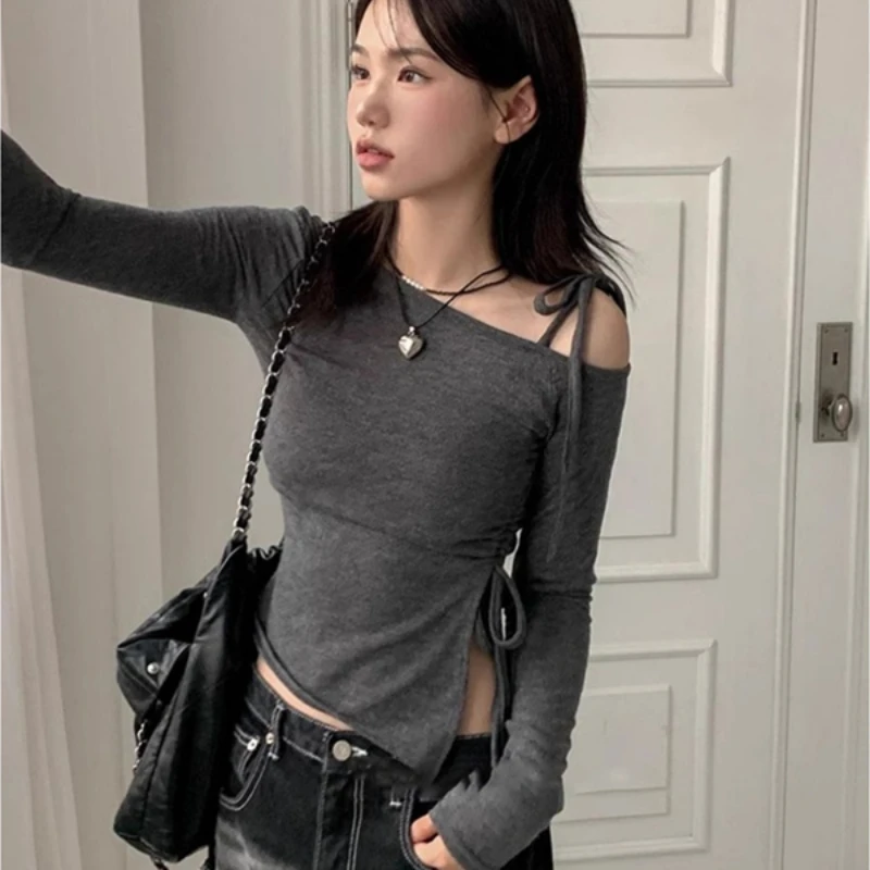 Long Sleeve T-Shirts for Women Side-slit Ins Slim Fit Off-shoulder All-match Korean Fashion Classic Sweet Spicy Girls Autumn Top
