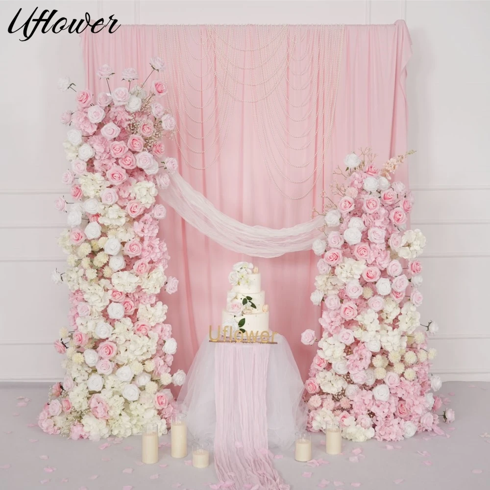 Uflower Pink White Rose Hochzeit KT Board Dekor Floral Row Arrangement Event Bühnenzubehör Foto Requisite Baby Breath Window Display