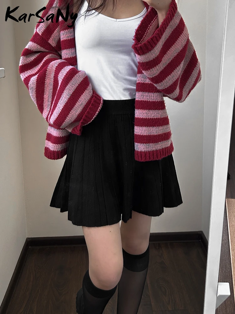 Autumn Winter Knitted Black Short Skirt For Women Basic High Waist A Line Pleated Women\'s Skirt Vintage Solid School Lady Skirts