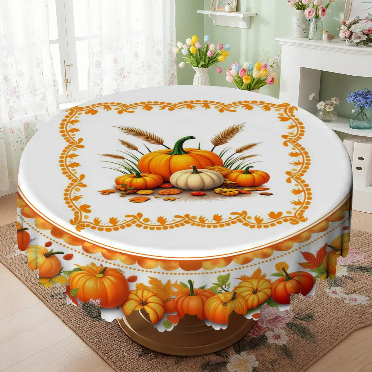 One-piece autumn pumpkin harvest leaf heart-shaped decorative pattern tablecloth, suitable for spring and Easterzyc