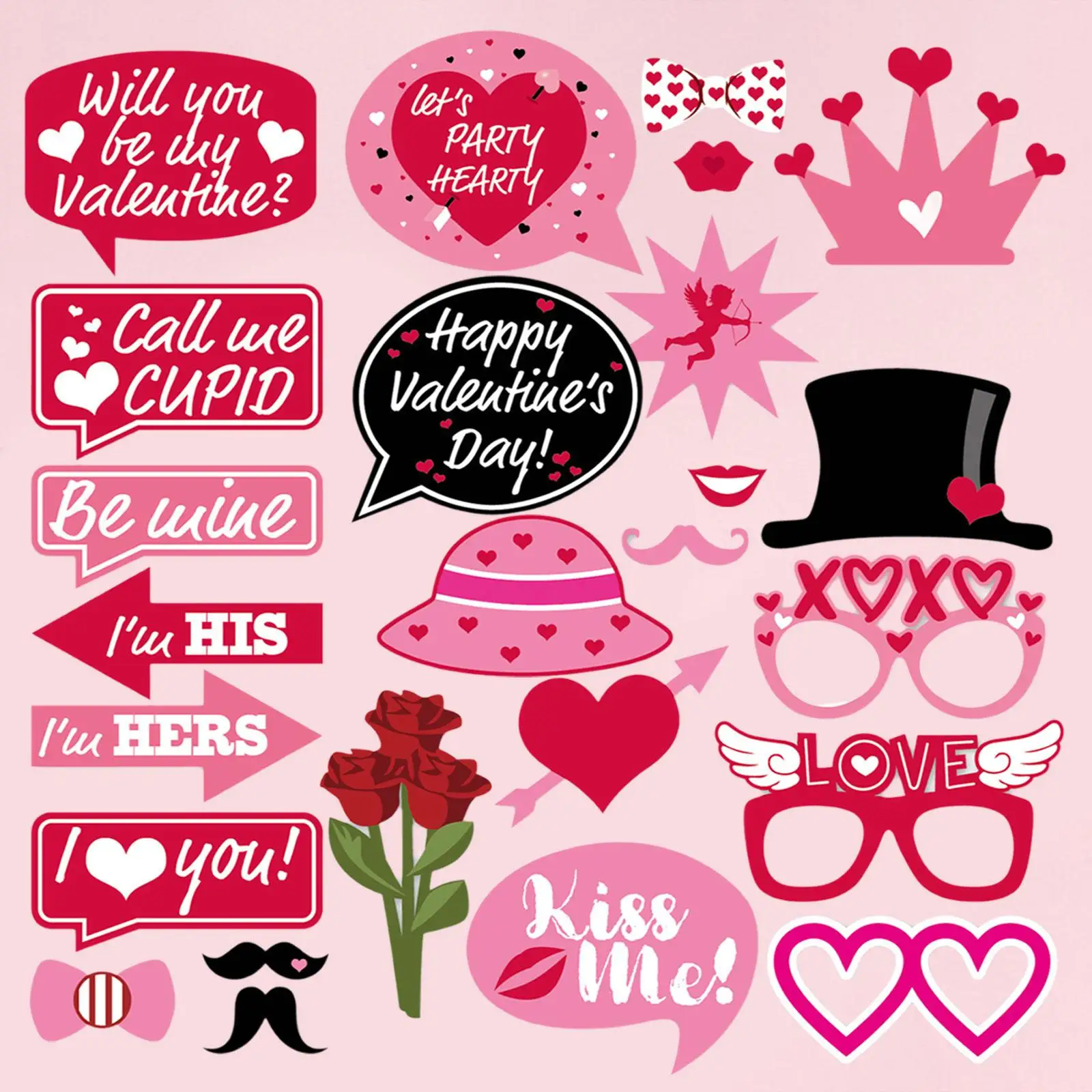 25Pcs/Set Valentine's Day Photo Booth Props Decorations Happy Valentines Day for Anniversary Prom Birthday Engagement Party