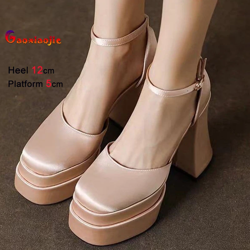 

Simple Chunky Heels Women's Sandals Non Tiring Foot Waterproof Platform Hollow Out Heels Round Toe Engagement Party Ladies Shoes