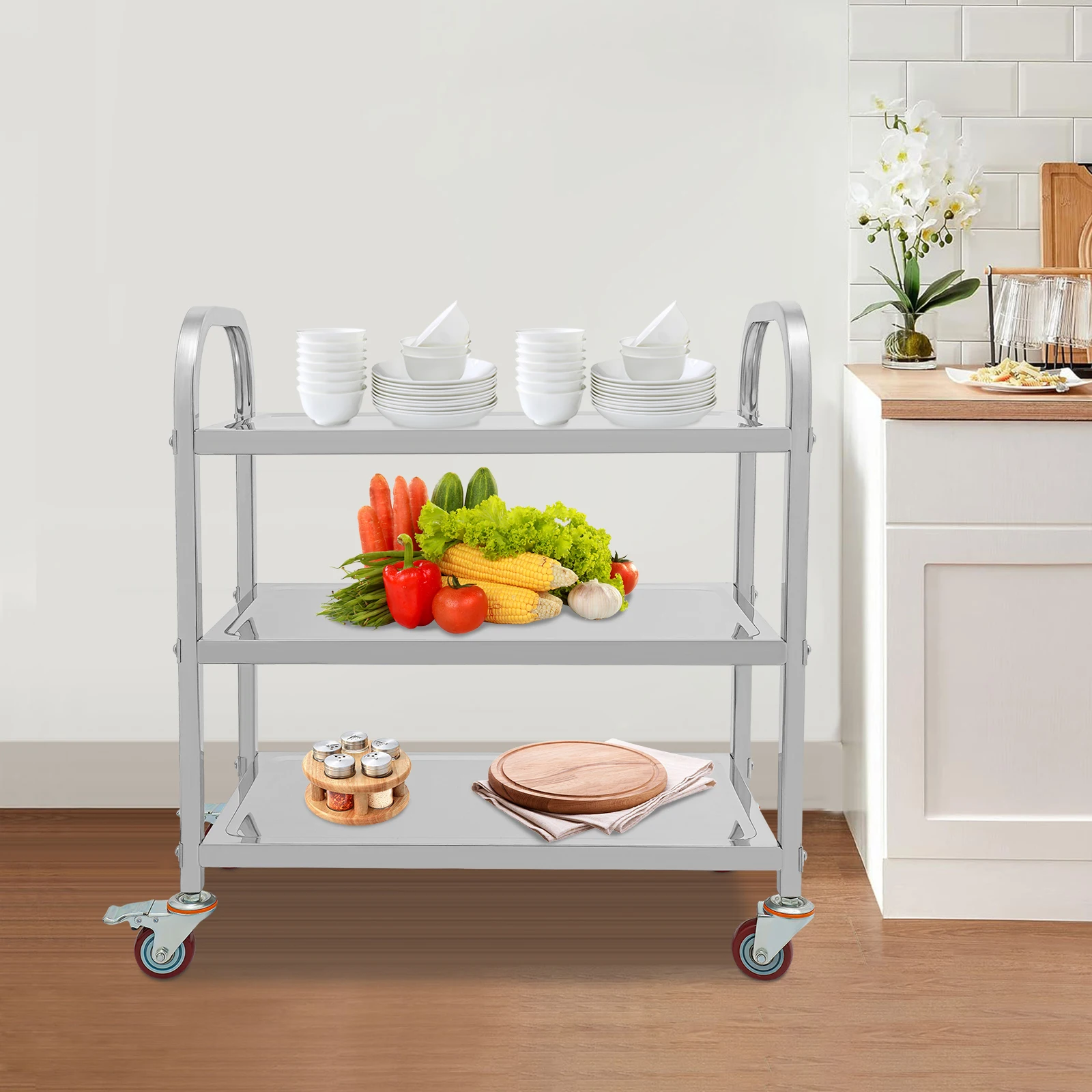 3 Tier Stainless Steel Kitchen Trolley Cart Utility Serving Storage Rolling Car Shelf Kitchen Trolley Car used in Beauty Clubs/Spa Clubs/Hotels