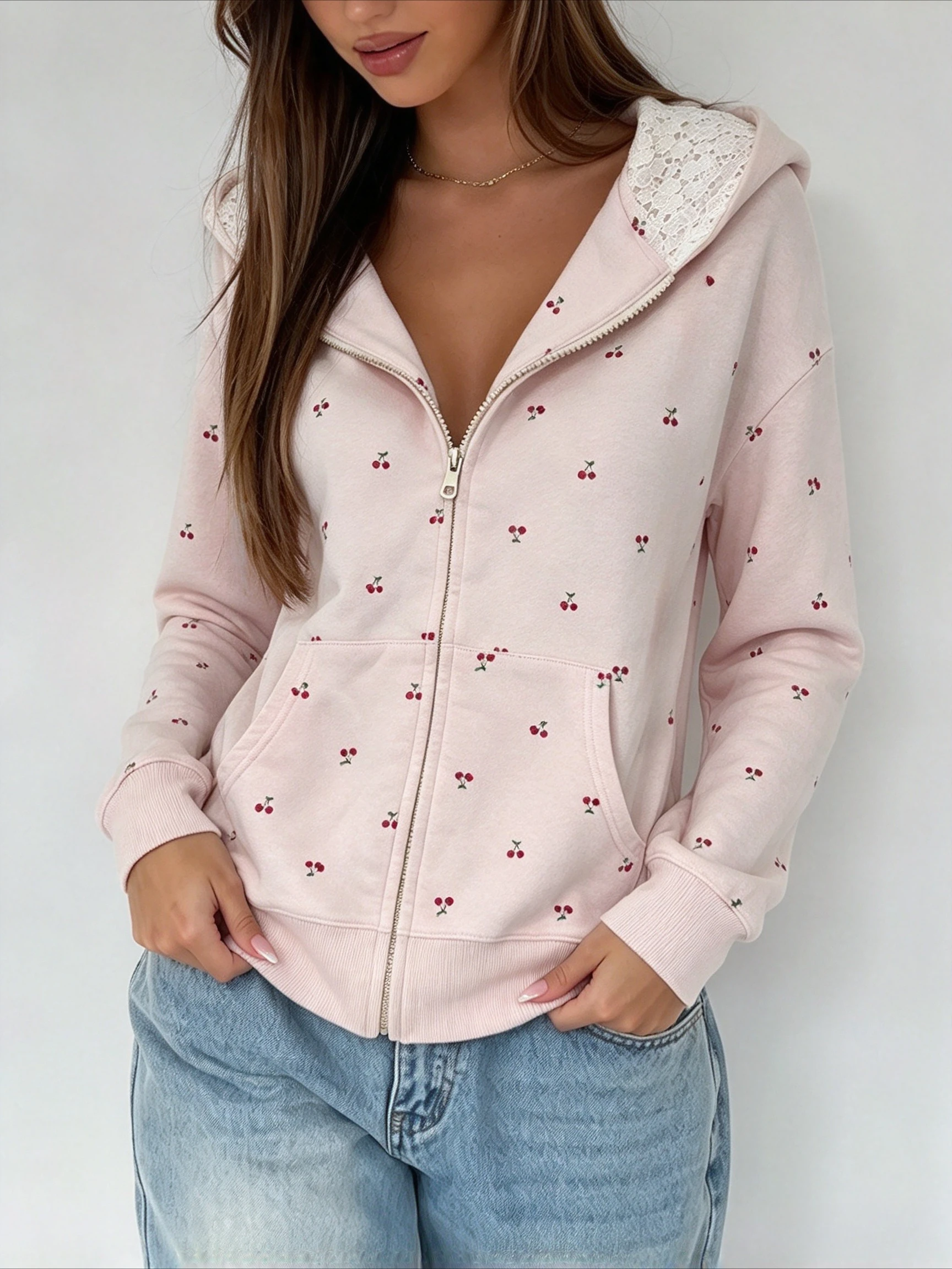 Early Autumn Teen Aesthetic Hooded Cardigan Light Pink Allover Cherry Print Lace Trim Hood Edge Slim Zip Top