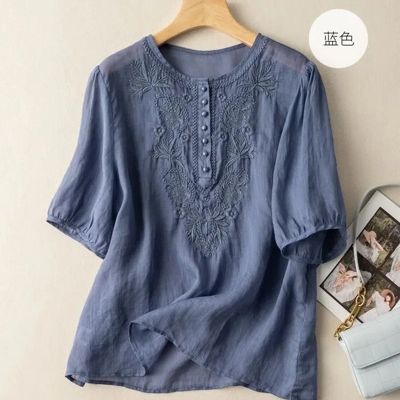 Literature Vintage Embroidery Cotton Linen Shirt Women New Summer Round Collar Short Sleeve Casual Loose Blouse Tops s590