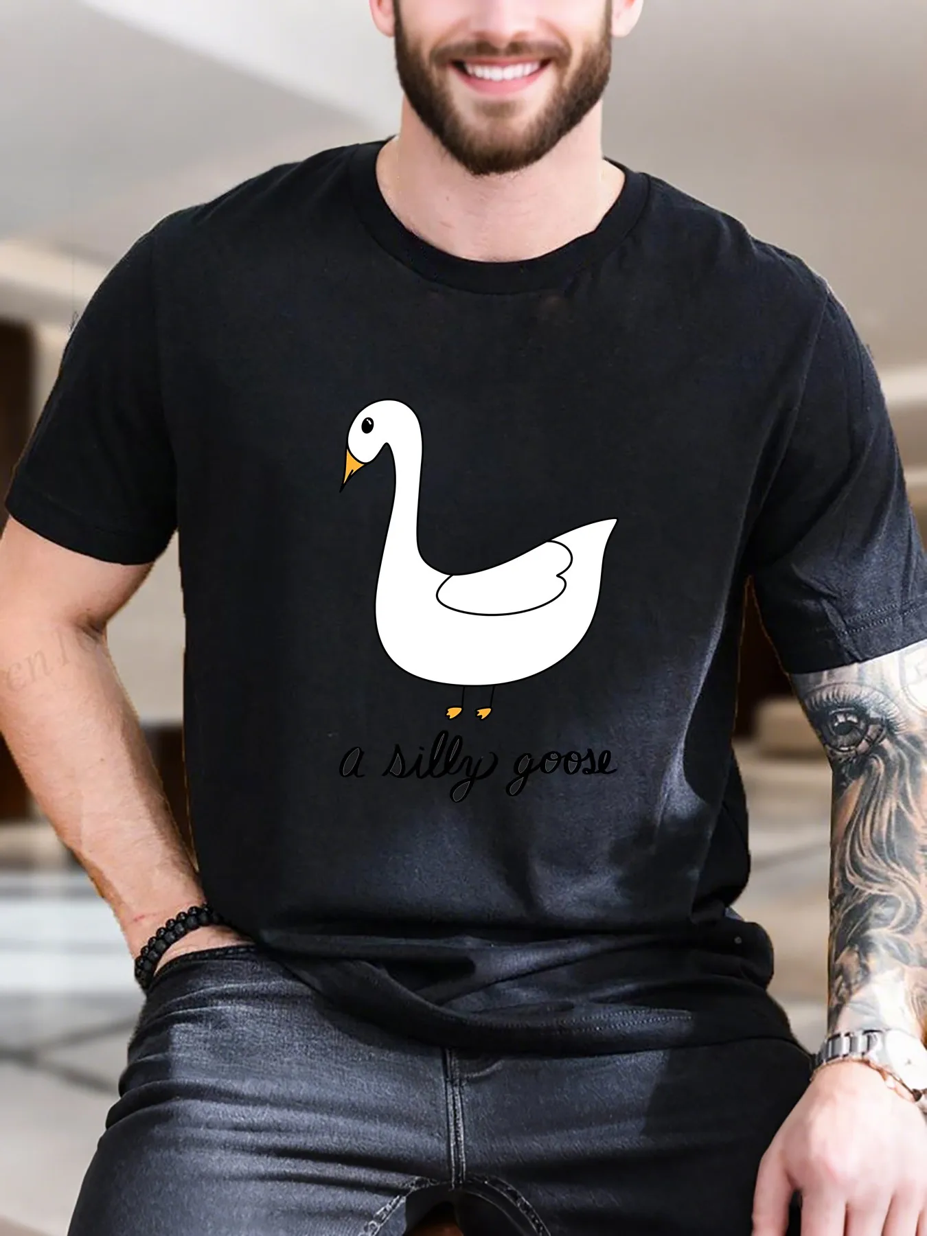 

Men's Printed Short Sleeve T-Shirt - Pure Cotton, Comfortable & Stylish White Duck Design, Casual Summer Top, Breathable & Trendy