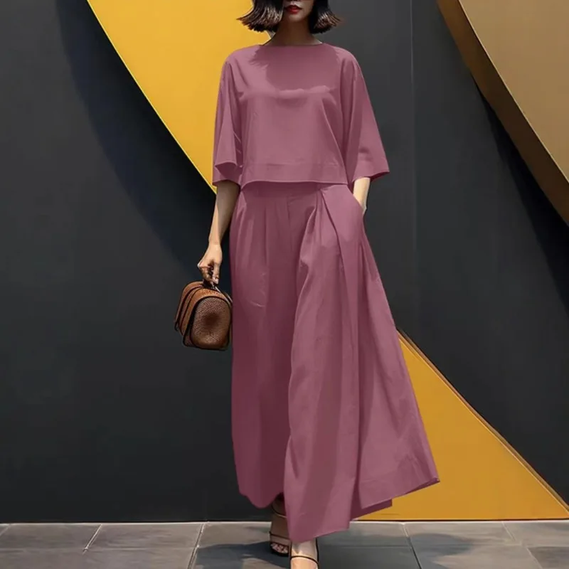 

Solid Color Short-sleeved Trousers Women' Clothing Foreign Trade Two-piece Set Literary Style Fashion Versatile Exquisite Casual