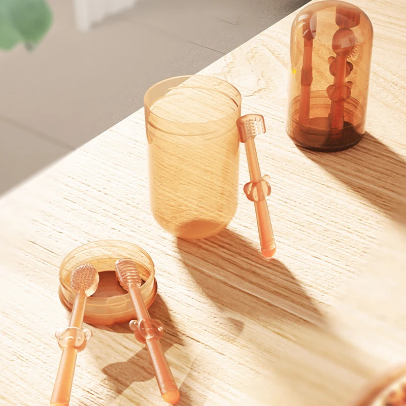 مجموعة فرشاة أسنان سيليكون للأطفال مكونة من 3 قطع مع كوب شطف، منظف للفم واللسان، محمول للعناية بالفم أثناء السفر