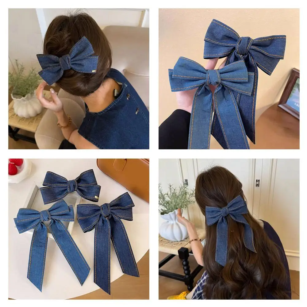 Korean Fashion Denim Blue Ribbon Bow Hair Clips for Woman Girls Sweet Elegant Hairpins Duckbill Clip Barrettes Banana Clip K6Q7