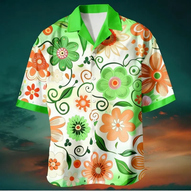 

Men's Vintage Southeast Asian Floral Print Hawaiian Top, Casual Button Down Blouse, Suited for Tropical & Vacation Style