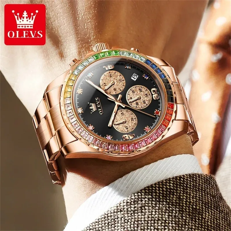 OLEVS الفاخرة الأعلى كوارتز ساعة رجالي متعددة الوظائف الفولاذ المقاوم للصدأ الأحجار الكريمة الحافة ساعة الرجال reloj de hombre
