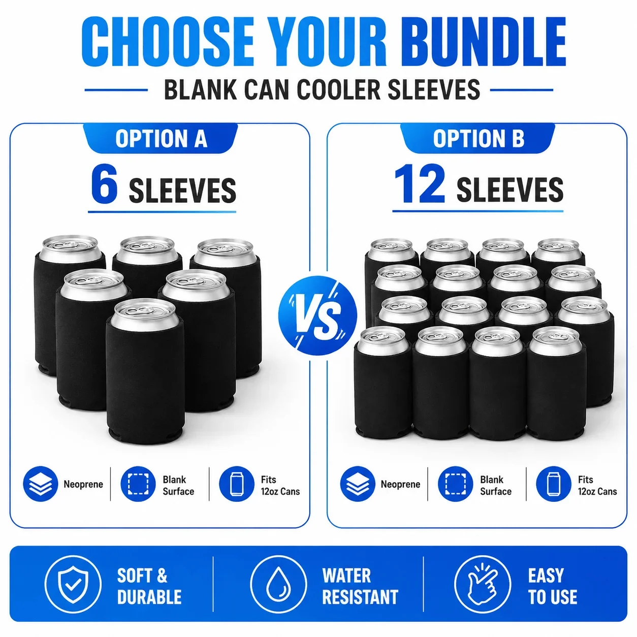 6/12 Pack Black Blank Can Cooler Sleeves, Neoprene Heat Transfer Covers for 12oz Cans, 10 x 6.8cm DIY Beverage Holders