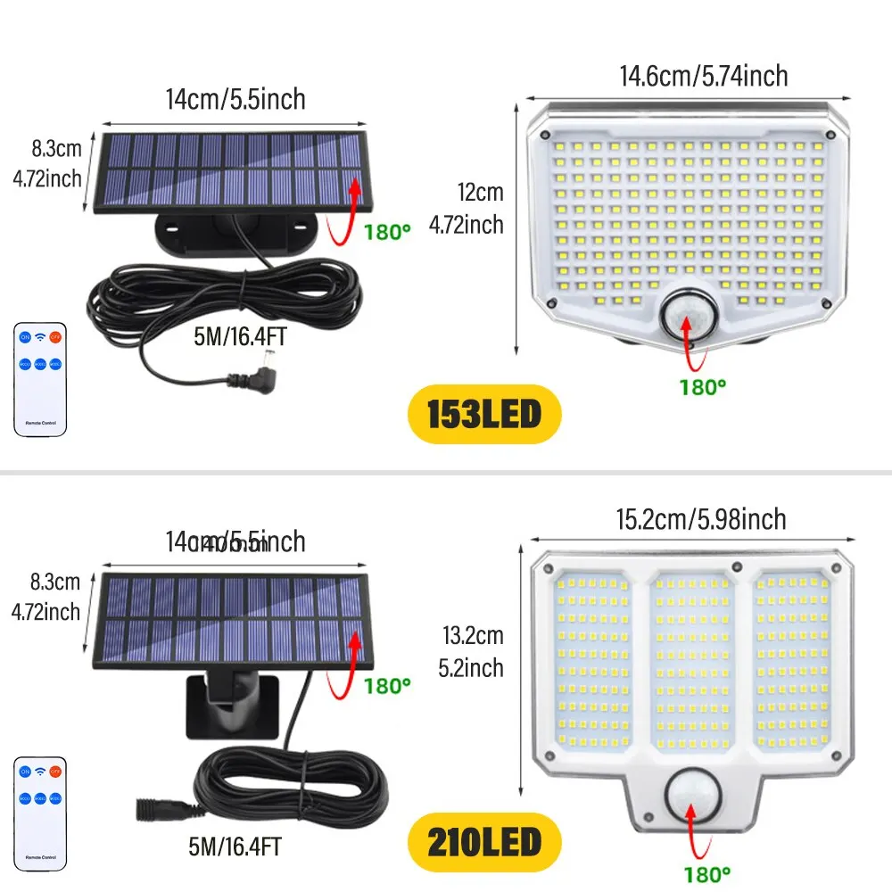 Applique da parete solare per esterni 153LED con sensore di movimento, telecomando 3 modalità luce di sicurezza IP65 impermeabile per veranda Patio