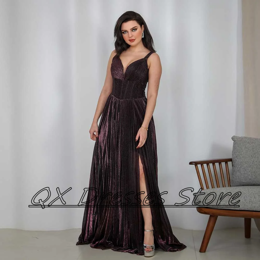 Customized Exquisite A-line Prom Gown Deep V-neck Pleated Backless High Slit Saudi Arabian Women\'s Fashion Zipper Sweep Train Ev