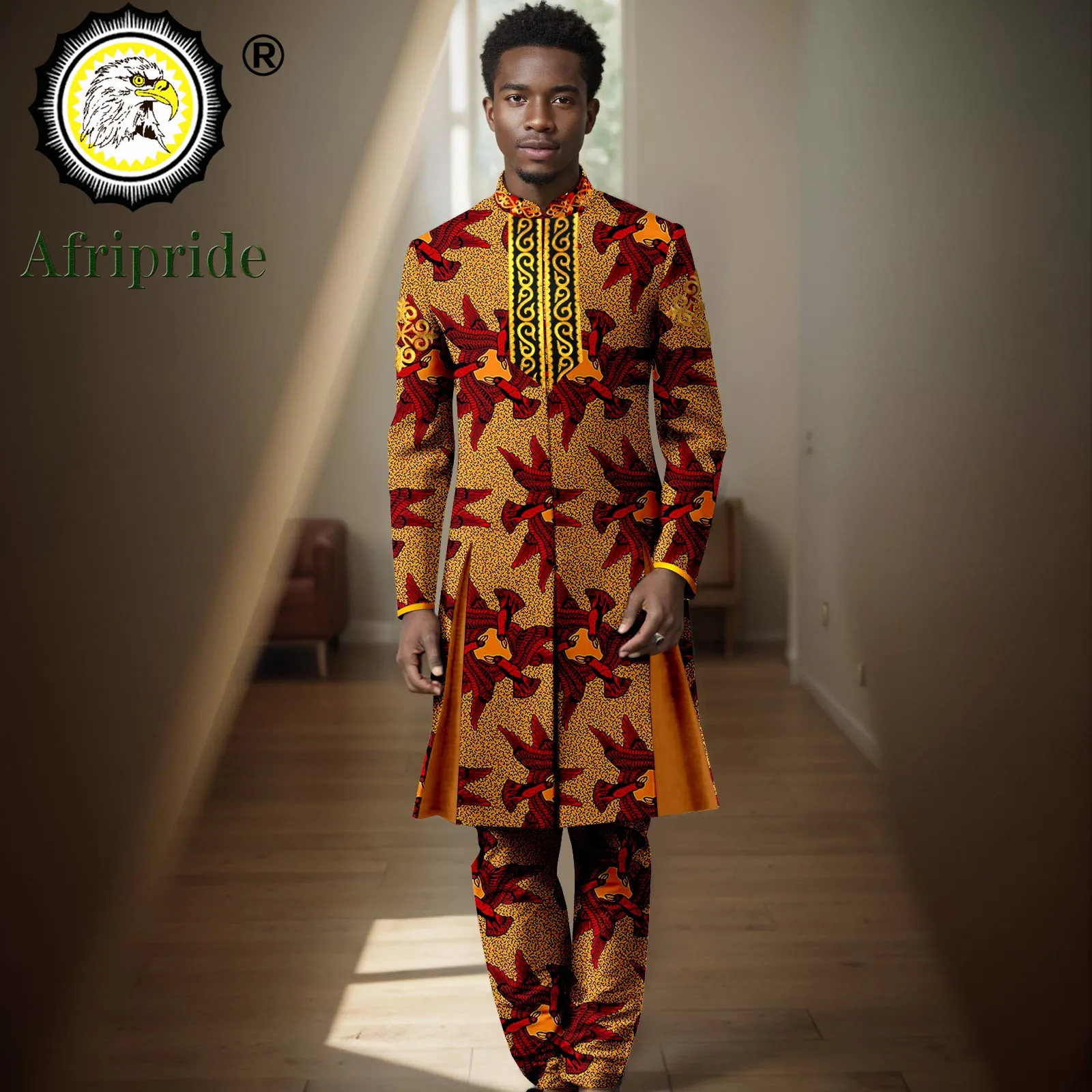 Men`s Suits African Clothes Embroidery Lined Print Long Blazer and Pants 2 Piece Set Formal Outfits Party Wedding Wear 2416074