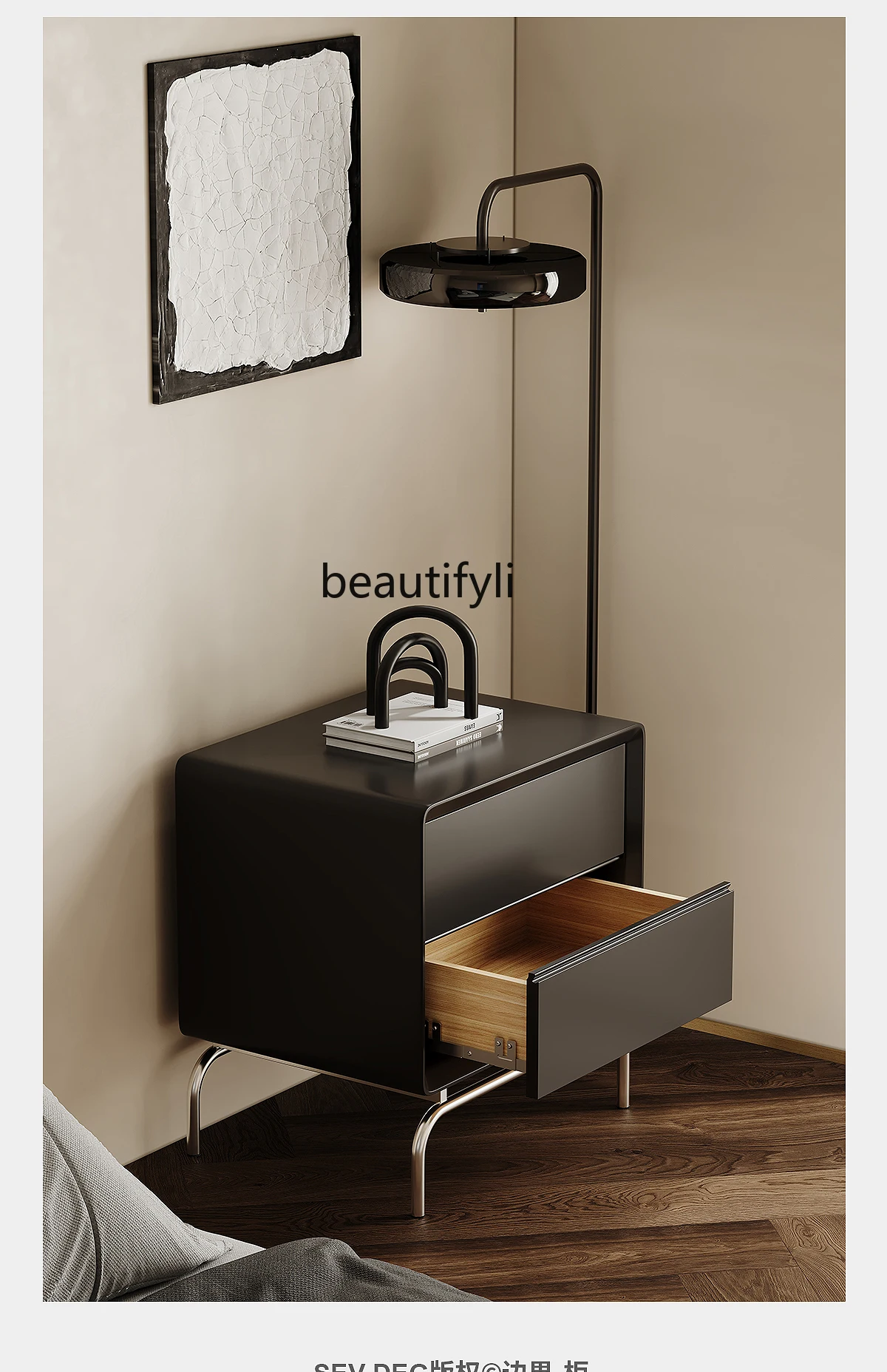 Light Luxury Bedroom Bedside Table Simple Black Creative Storage High Sense Stainless Steel Cabinet