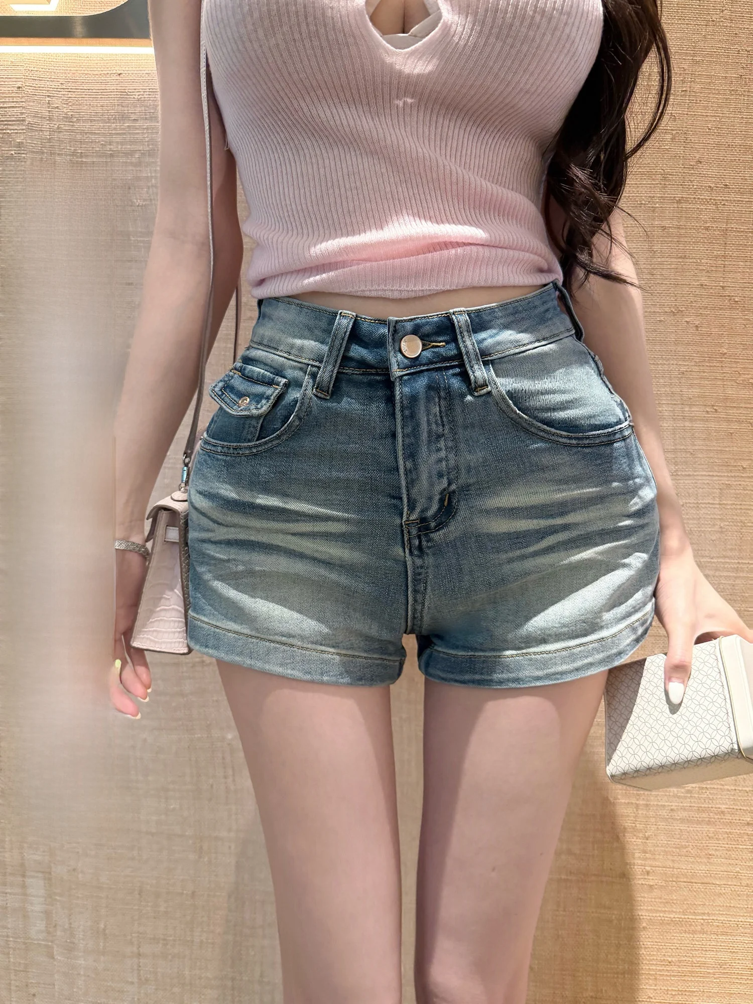 

High Waist Denim orts Viola Super A-Leggings Two-Tone Waed Cotton orts Ladies Faion Winter Season Bell Bot