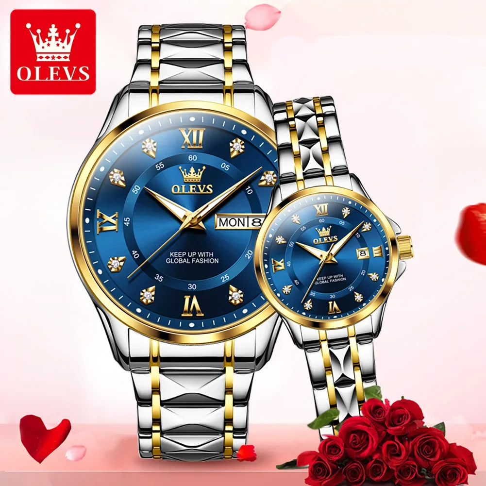 OLEVS 2906 Quartz Watch For Couple Men Women Original Diamond Luxury Wristwatch Stainless Steel Rhombus Strap Hand Clock Watches