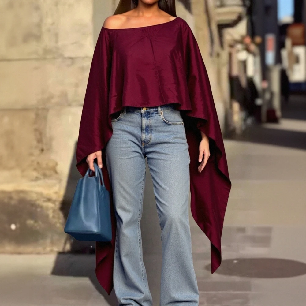 Blusa feminina outono high street chique cor sólida com mangas assimétricas gola redonda top casual para mulheres