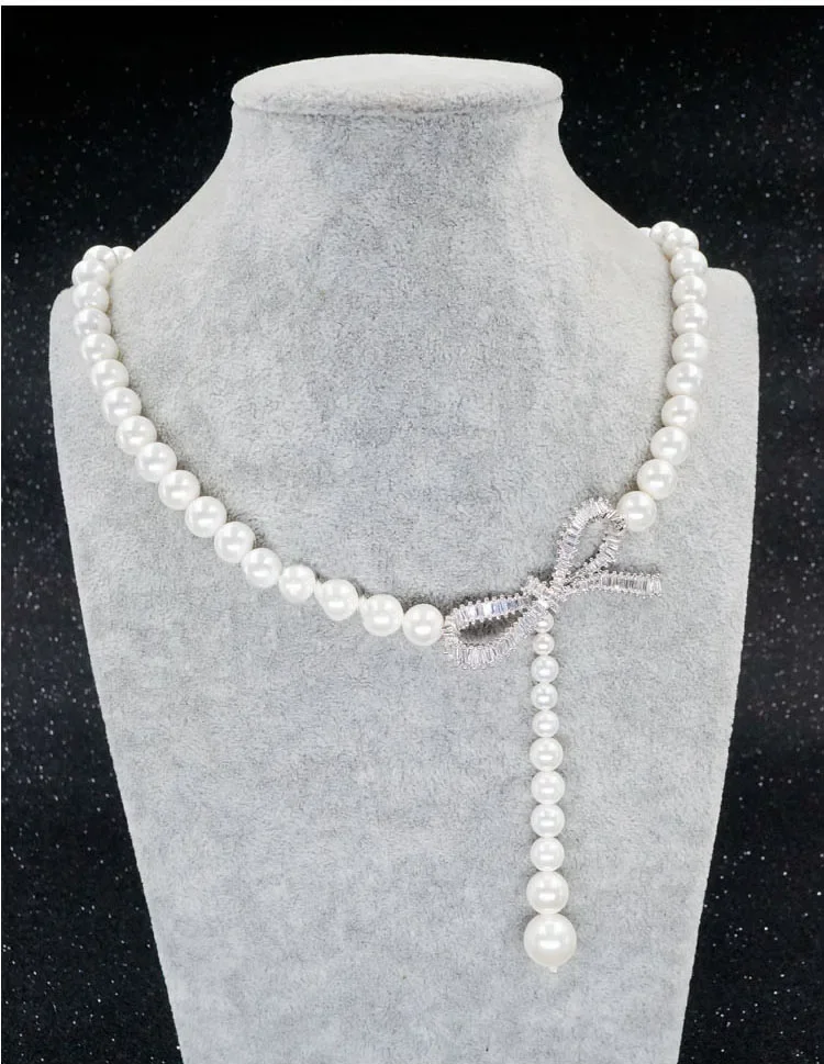 

20" White Round Pearl Necklace Cz Pave Pendant