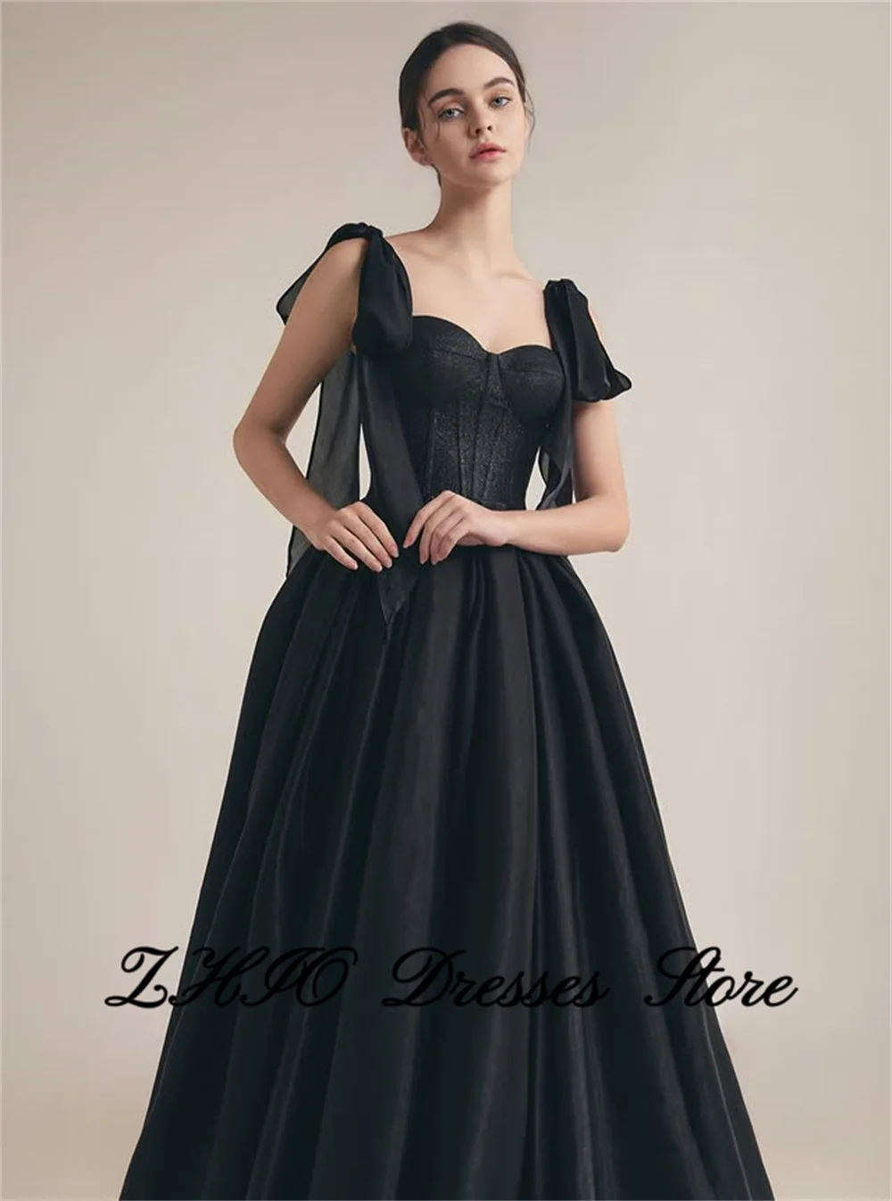 ZHIO Modern Black Sweetheart Collar Wedding Party Dress Strap Floor Length Korea PhotoShoot Bridal Reception Evening Gown Custom