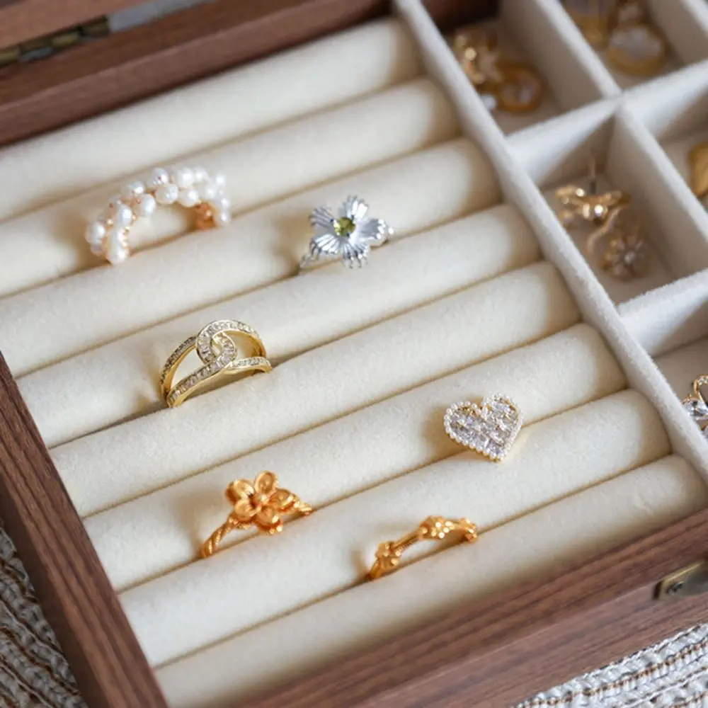 

Convenient Elegant Wood Jewelry Box Glass Lid Dust-proof Jewelry Organizer Storage Box Velvet Ring Display Holder Store