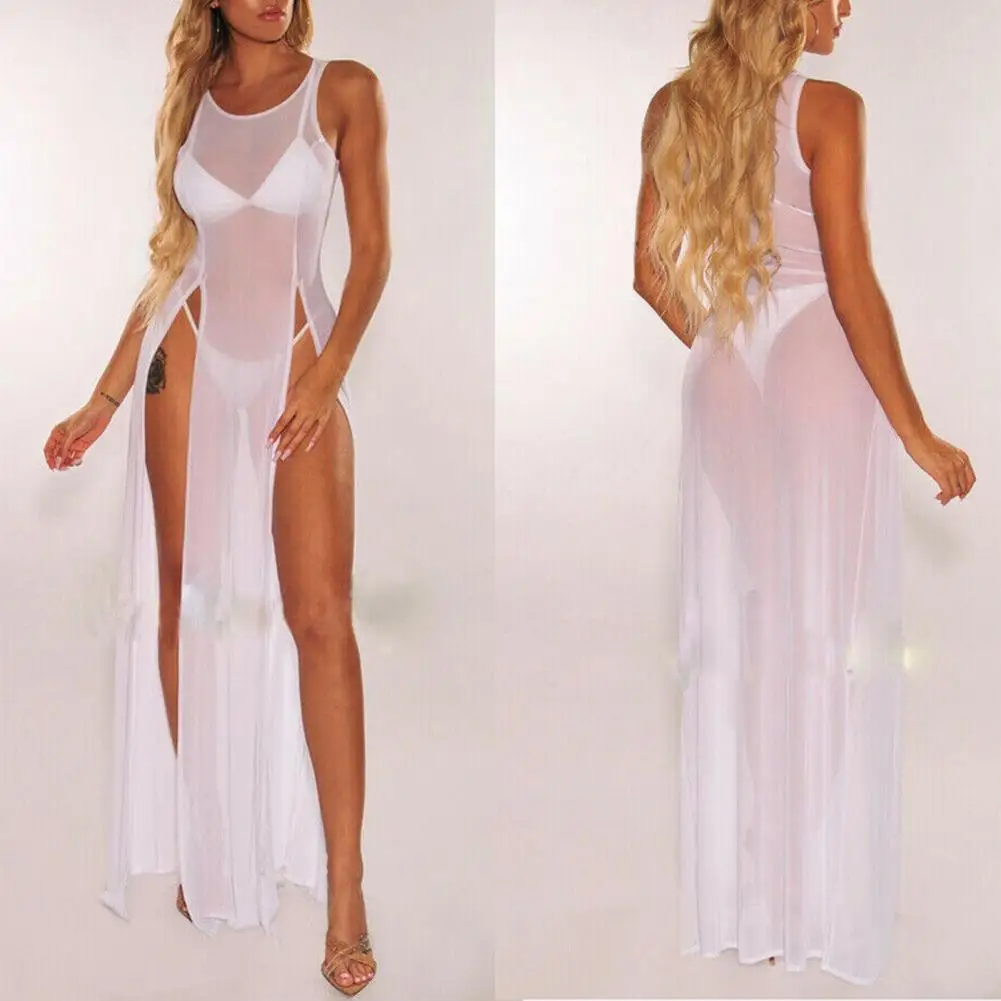 Bikini Cover Up Beachwear Swimsuit Cover Up Mesh See-through  Stylish Solid Color Beach Cover Up