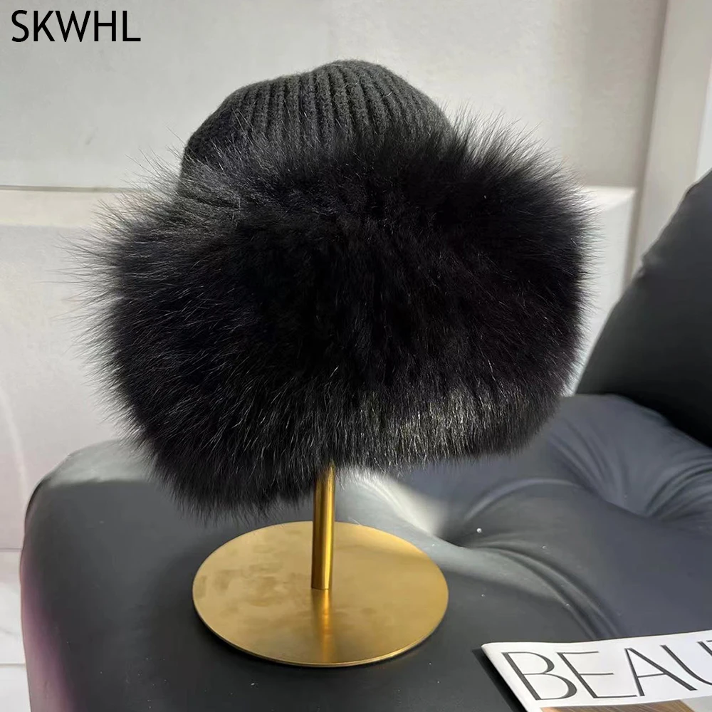 

Fashion Brand Winter Adult Women Girl thick wool knitting beanies cap Casual Lady Real Fox fur Pompoms knit hat skullies gorros