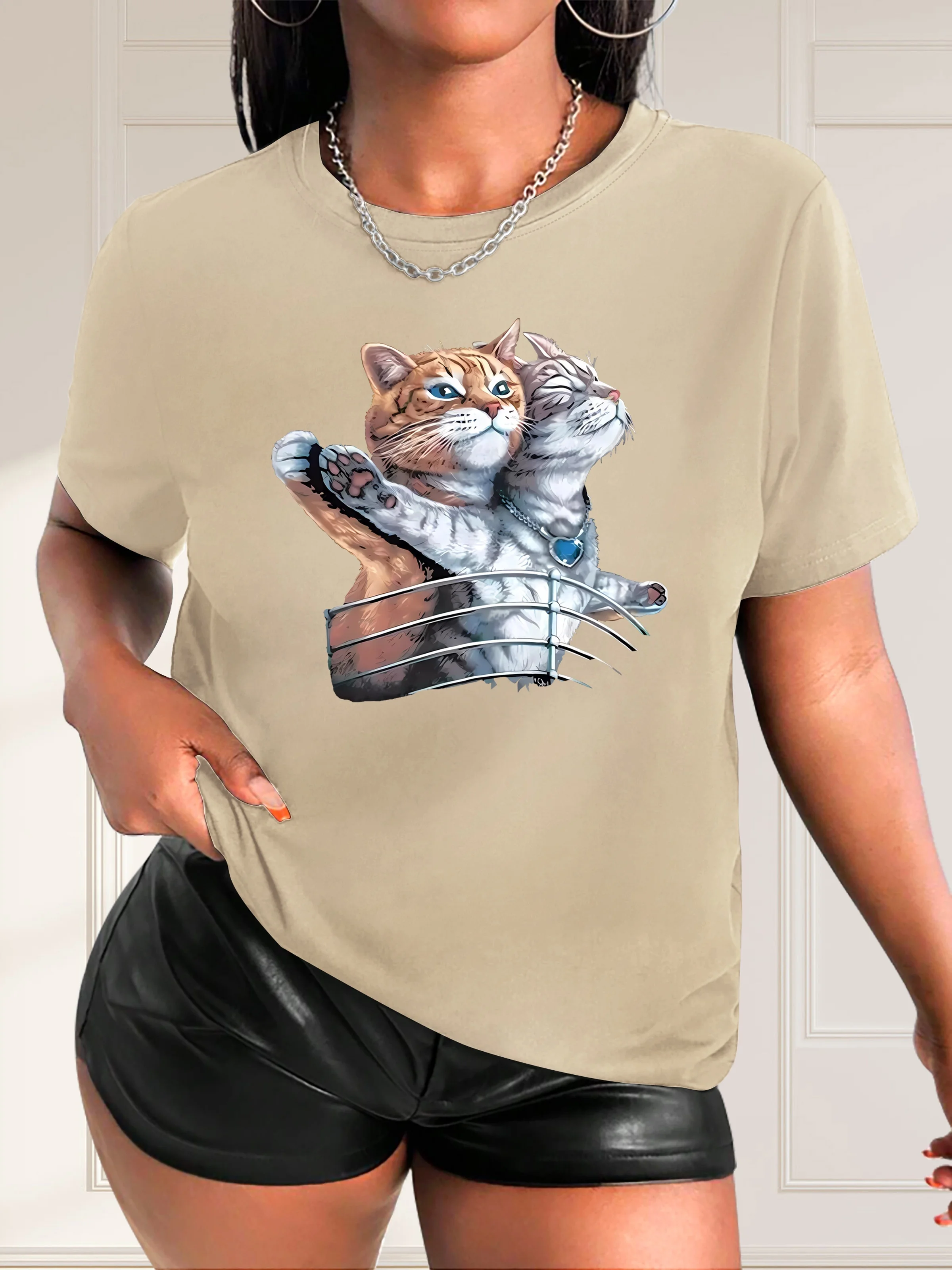 Women's Casual Titanic Cat Print T-Shirt  Two Cats in Lifeboat with Blue Eyes Graphic Fashionable  Print Women'S Round Neck