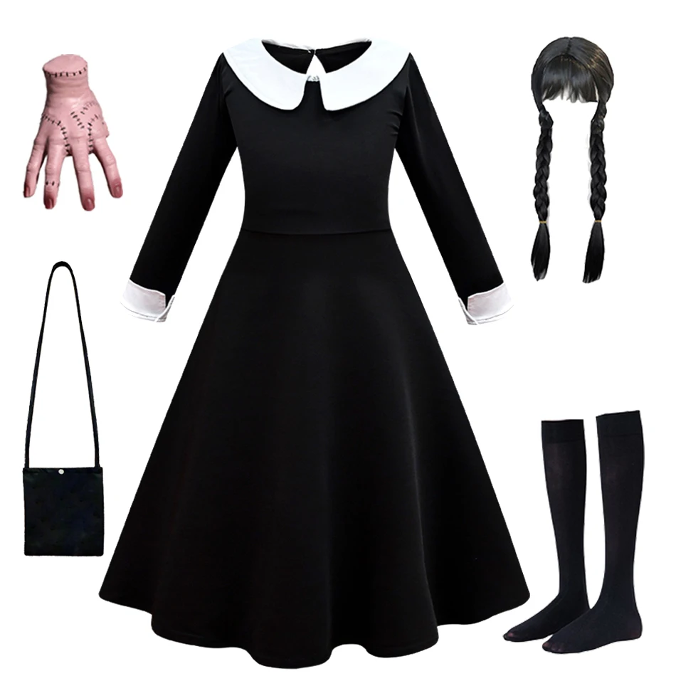 Children Addams Dress Kids Princess Black Wednesday Dance Dress Girls Cosplay Halloween Horror Costume Family Carnival Disguise