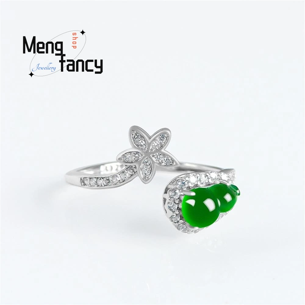 S925 Silver Inlaid Natural A-goods Jadeite Gourd Sunny Green Ice Jade Ring Adjustable Exquisite Elegant Fashion Luxury Jewelry