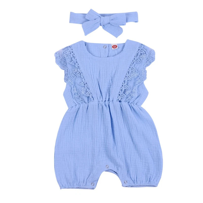 

Baywell Summer Baby Girl Rompers Baby Solid Lace Design Clothes Linen Ruffles Toddler Flare Sleeve Jumpsuit Headband One-Pieces