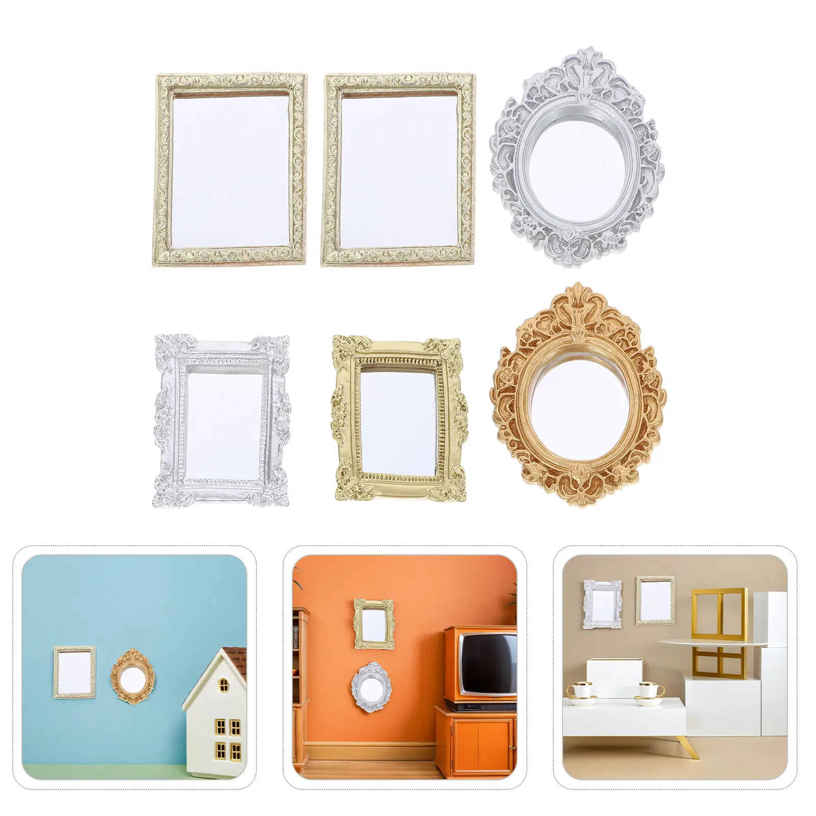 

Набор из 6 миниатюрных винтажных зеркал в европейском стиле, маленькие декоративные зеркала в рамах из смолы для кукольного домика, спальни, ванной комнаты