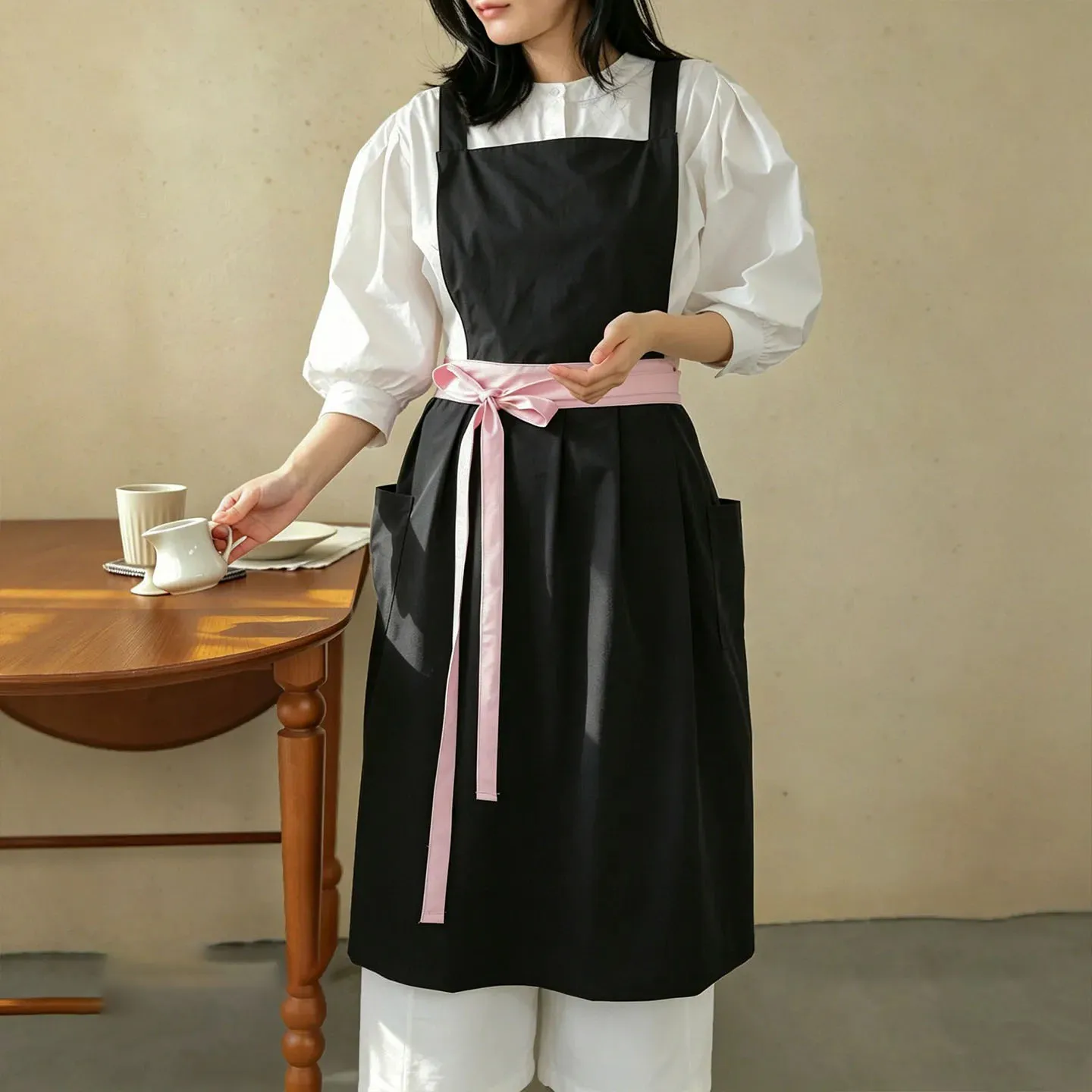 Long Color Blocking Water-Repellent Apron Adjustable Women's Kitchen Cooking Floral Nail Art Work Clothes