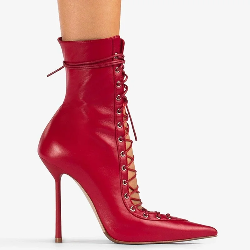 

Sexy Pointy Stiletto High-Heeled Lace Up Short Boots Women Mesh Leather Side Zipper Booties Plus Size Fashion Patchwork Boots