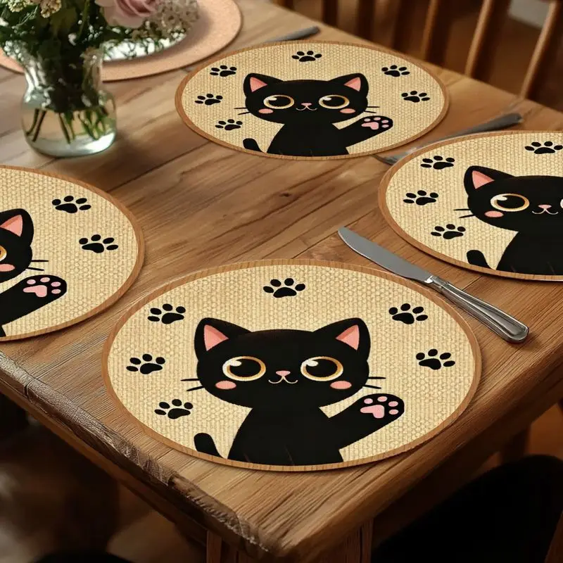 VIKAMA Cartoon Cat Round Table Placemat Kitten Paw Pattern Burlap‑Look Heatproof Dining Table Mats For Home Decor