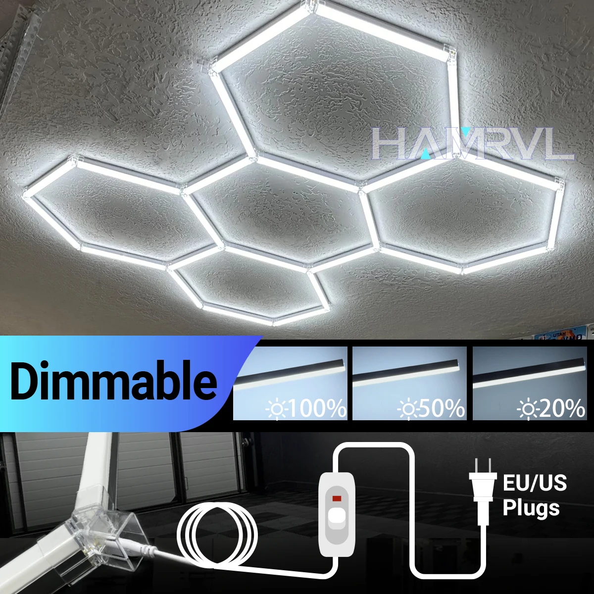 

3-Level Dimmable Honeycomb Garage Light Hexagon Led lamp Customized Link Hexagon Led Light Free Design Service for Workshop Gym