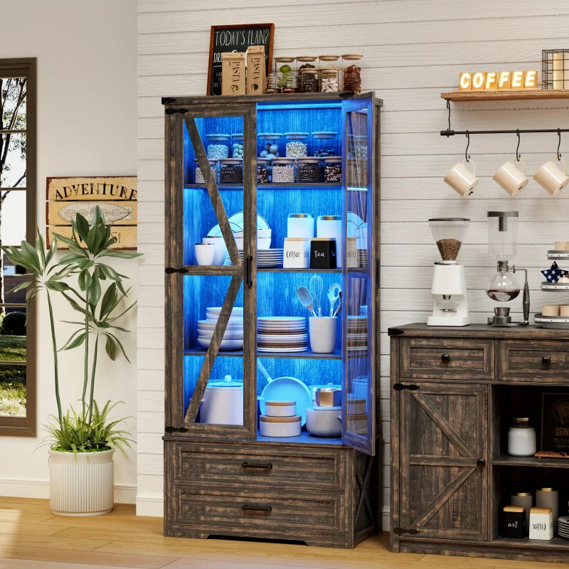 Custom.68 Tall Farmhouse Storage Cabinet with Adjustable Shelves, Large Wood Kitchen Pantry with Acrylic & Drawers, LED D